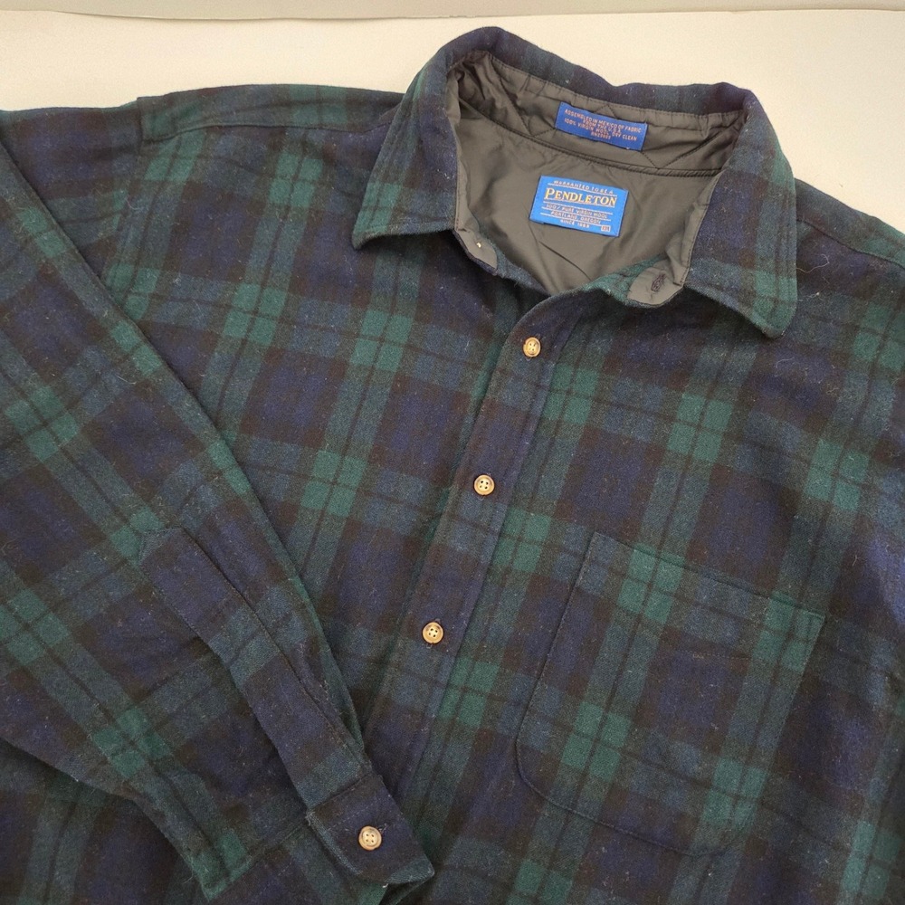 Pendleton‎ Wool Shirt Mens XL Black Watch Plaid Flannel Virgin Wool Green Blue